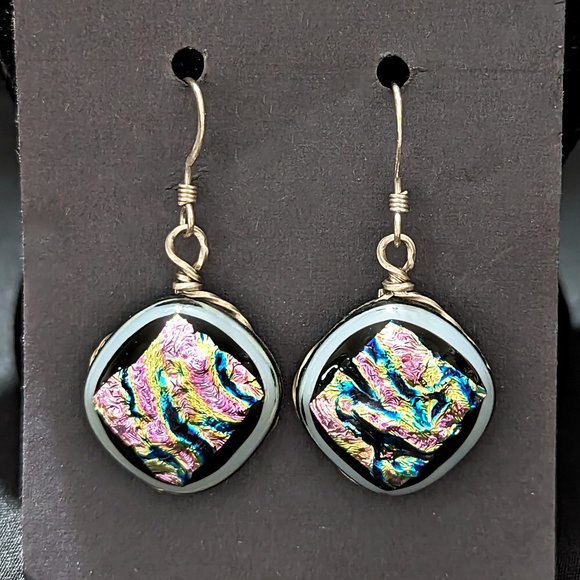 Rula Glass Jewelry - Modern Multicolor Textured Dichroic Sterling Silver Wire-Wrapped Glass Earrings
